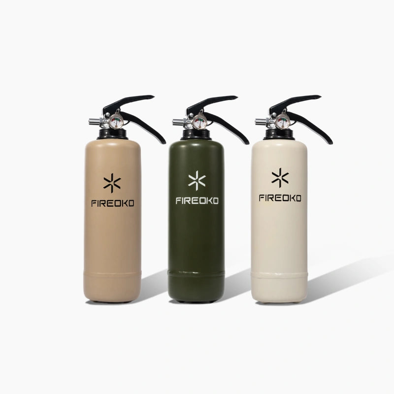 Fireoko fire extinguisher set of three in beige, olive green, and white variants displayed side by side on a clean background.
