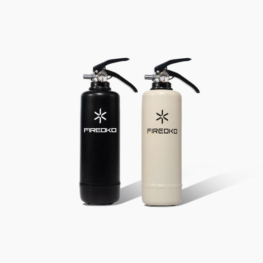 Fireoko fire extinguisher bundle of two in black and beige variants displayed side by side on a clean background.