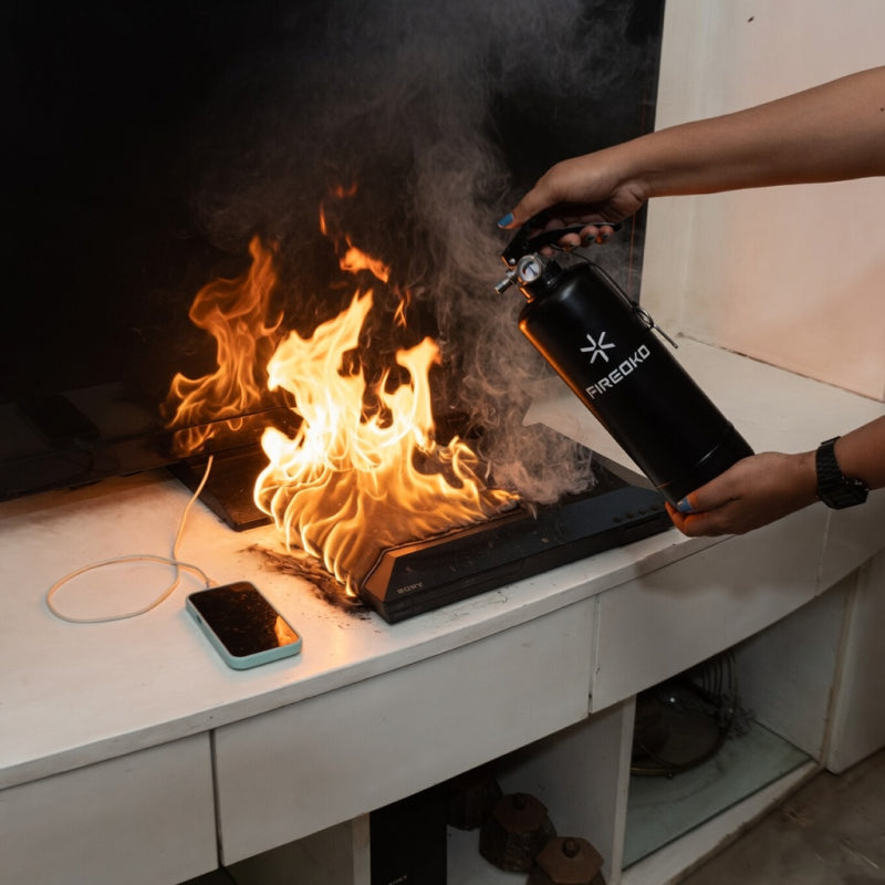 Person using a Fireoko fire extinguisher to control an electrical fire involving a device on a table with visible flames and smoke.