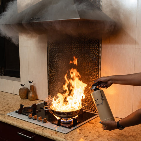 Person using a Fireoko fire extinguisher to control a pan fire on a kitchen gas stove with flames rising under a chimney hood.